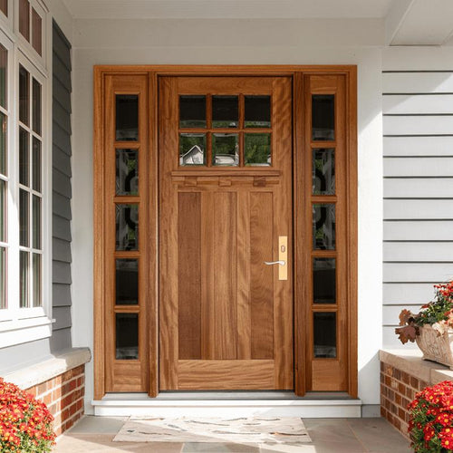 80" 6-Lite 3-Panel Craftsman Style Mahogany True Divided Lite Wood Front Door